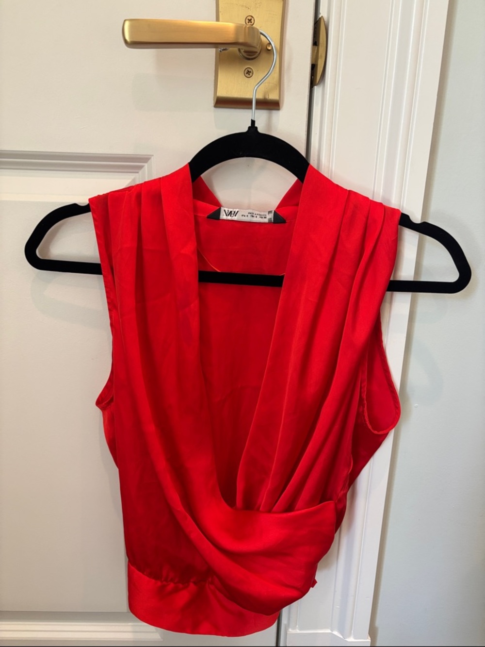 Zara Red Draped Satin Sleeveless Blouse
